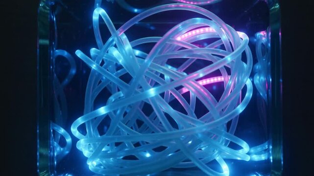 Activating LED strip sweeping over coiled fiber rope inside glass cube, creating magenta glow