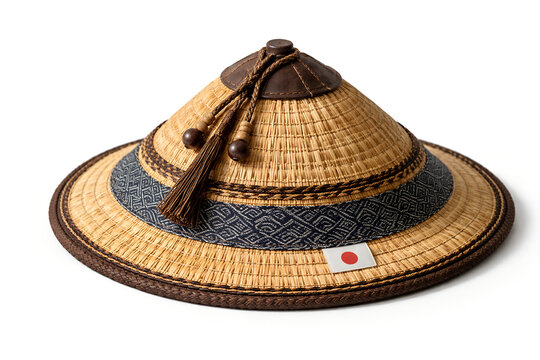 Japan straw kasa hat as symbol of Japan. Copy space. White bascground.