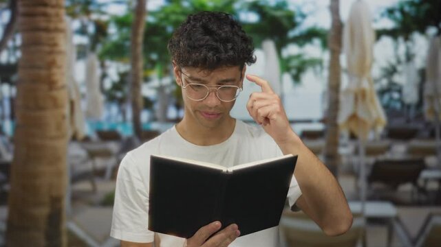 Young hispanic man reading hardcover book with finger to temple in building lobby of pool resort hotel; contemplation.