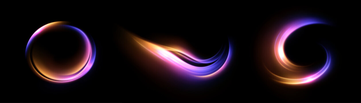 A set of glowing pink and blue neon rings and arcs with smooth light trails on a black background.