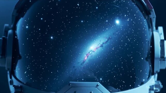 Reflecting astronaut helmet visor showing shifting star field during slow camera pan, galaxy core