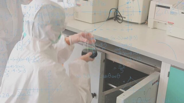 Animation of mathematical equations over caucasian scientists with beaker