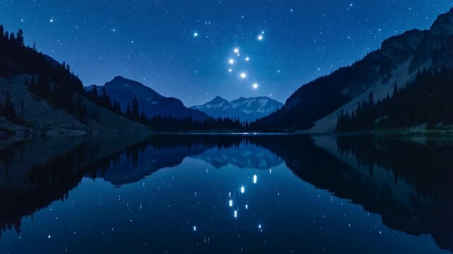 Pulsing from air shimmer, star cluster and reflection flickering over alpine lake, with pines