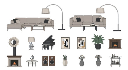 Collection of Modern Living Room Furniture and Decor Elements. © Jenang