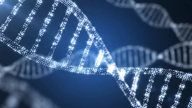 Glowing dna double helix structure with blue background and sparkling particles