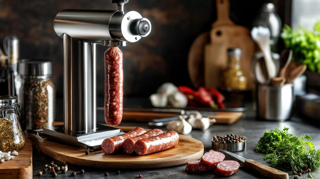 Professional stainless steel sausage stuffer machine filling fresh homemade meat sausages on a rustic kitchen counter with garlic peppercorns and aromatic herbs