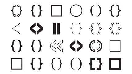 Brackets symbols set with geometric shapes for coding and design elements featuring braces, parentheses, curly braces with programming icons and UI