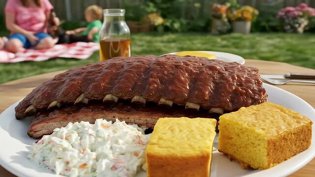 Ribs, slaw, and cornbread on a plate during a barbecue in the yard on a sunny day