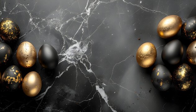 Elegant Easter Eggs in Black and Gold on Marble Background for Holiday Celebration and Decor