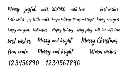 Phrases holiday greetings with handwritten script style and numbers, festive messages like Merry Christmas, Happy New Year, and best wishes. © Md
