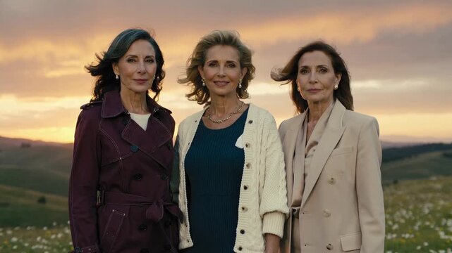 Standing three senior women posing close in meadow with sun lowering, wearing trench, dress, suit