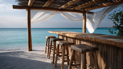 Fototapeta premium A beautifully crafted rustic beach bar with wooden seating and expansive ocean views, providing a perfect atmosphere for relaxation and a soothing seaside experience.