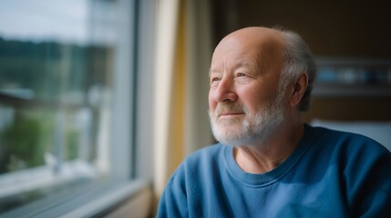 Obraz premium Old man watching a sunset from his hospital window knowing it may be his last with profound peaceful acceptance, perfect for senior mortality acceptance concept, elder life reflection, aging final
