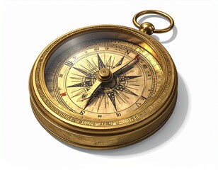 Antique Brass Compass Isolated on White Background.