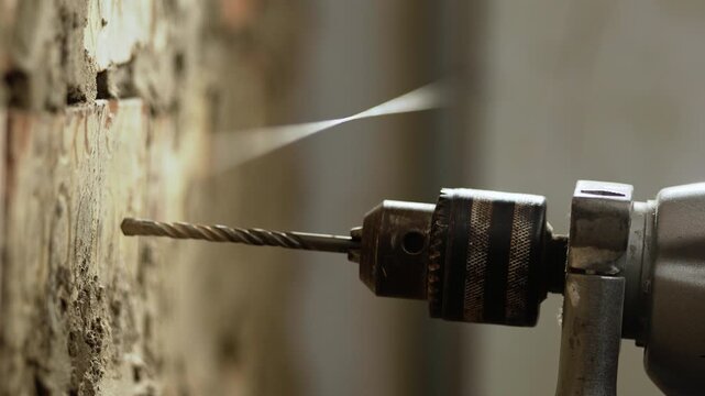 Side view of cordless drill drilling hole into a brick wall.