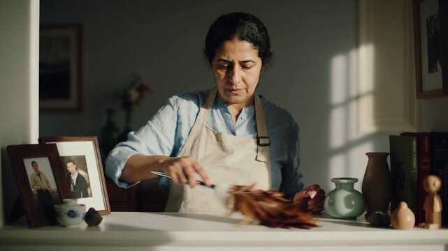 Starting right sweep at home aproned lady dusting counter with feather duster holding vase to clean