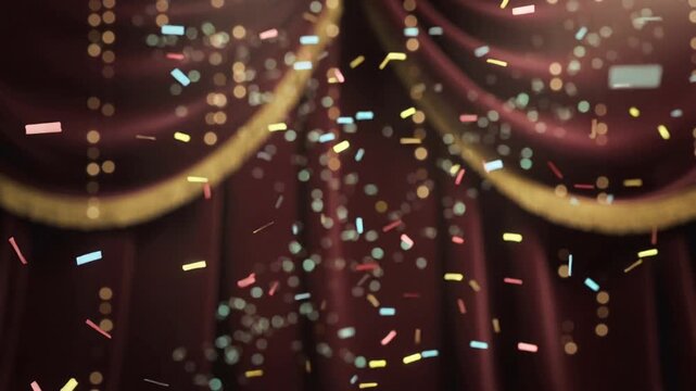 Sending confetti from above, colored pieces falling before burgundy curtains, gold fringe and bokeh