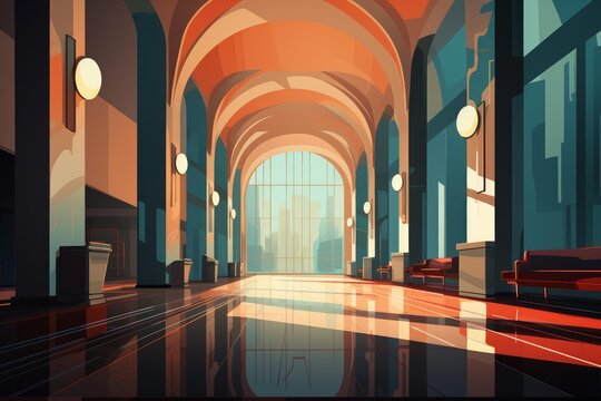 Long arched corridor leading to a large glass window showing a city skyline