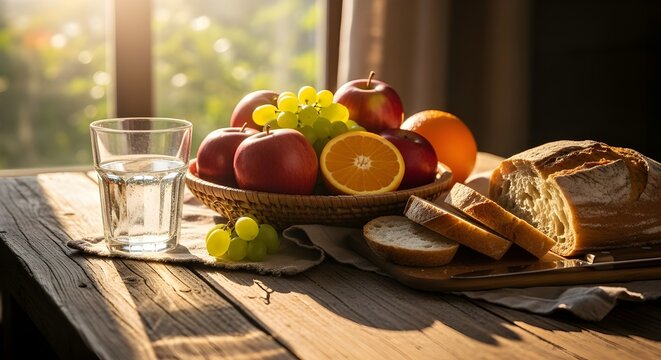 Rustic morning breakfast featuring fresh fruit basket bread and cool water bathed in sunlight