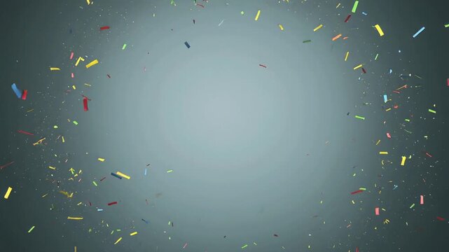 Bursting confetti cluster launching colorful strips and glitter across gray backdrop, forming ring
