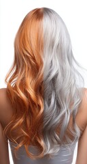 Naklejka premium Rear view of wavy hair, split color orange/silver, styled perfectly