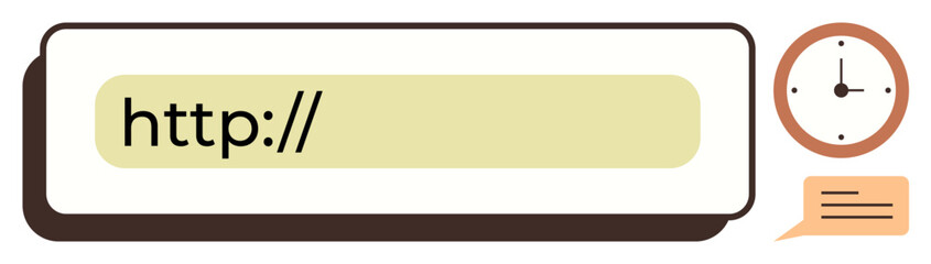 Obraz premium Web browsing, online communication, internet search, conceptual design, time management, and digital connections. Search bar with HTTP input, clock and speech bubble. Web browsing and online
