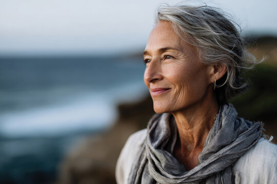 A sophisticated woman gazes thoughtfully at the ocean, her silver hair gently blowing in the ocean breeze, encapsulating the allure of aging gracefully in nature's beauty.
