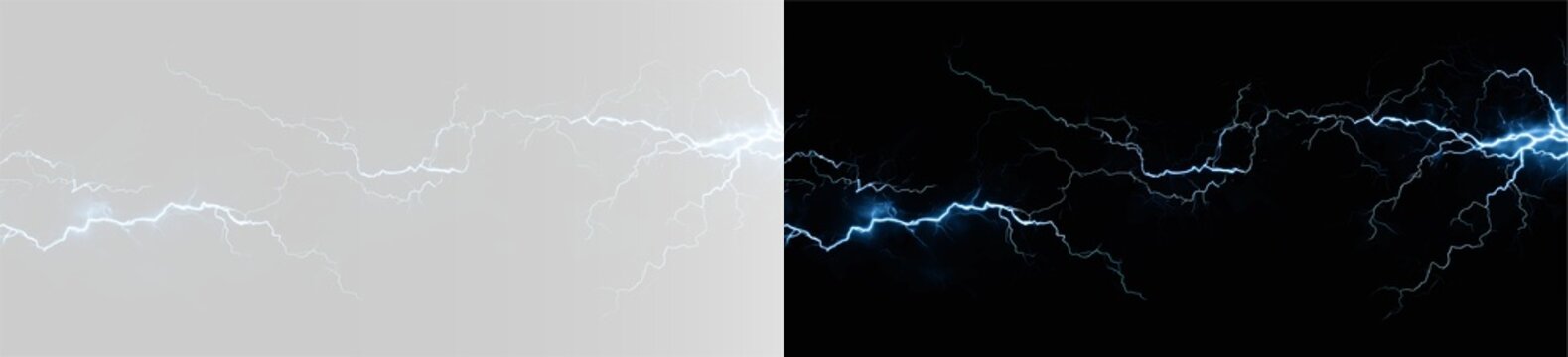 Abstract blue lightning strike in white clouds. Electric thunderbolt discharge with smoky texture on white background. Powerful energy flash for technology and nature design
