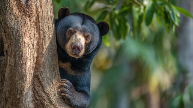 Sun bear peeking from behind tree trunk with clawed paw