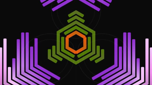 Abstract geometric vector art pattern, with a symmetrical, hexagonal, layered, kaleidoscopic shape on black background, stylized, contemporary aesthetic.