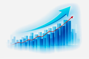 Blue business growth chart with upward arrow and bar graph