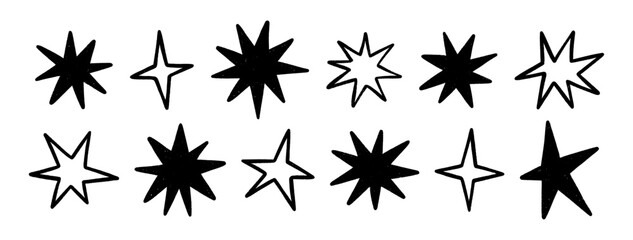 Stars, crayon hand drawn twinkle magic symbols. Shine, spark or light chalk elements. Line art sketch and silhouettes sparkle icons on transparent bg. Doodle black glitter sparks, vector illustration © Vodoleyka