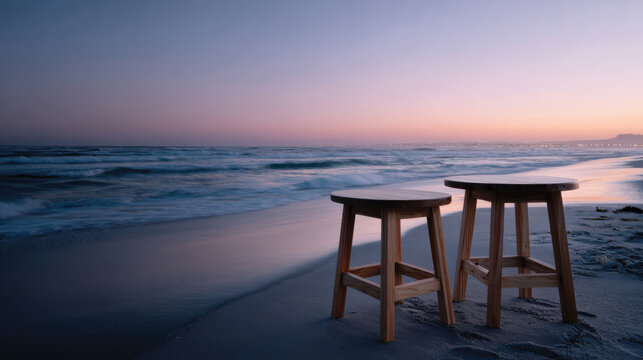 Two empty wooden stools stand on the beach as the tide washes in, creating a tranquil atmosphere that invites contemplation and connection with nature.