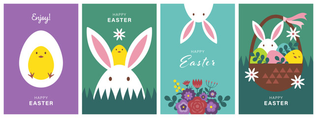 かわいいウサギとヒヨコのイースターカード4種類セット(4 Eater Card Set) © ayusloth