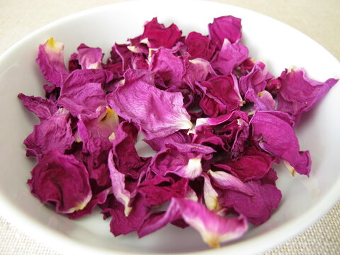 Dried rose petals from the beach rose in a porcelain dish, Rosa rugosa