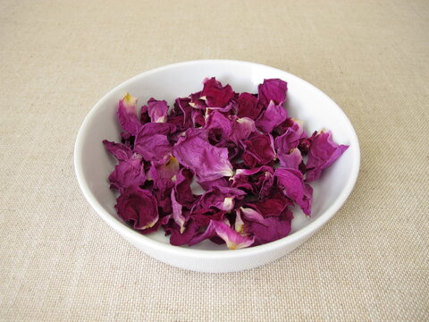 Dried rose petals from the beach rose in a porcelain dish, Rosa rugosa