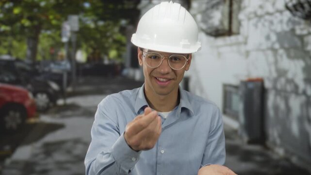 Man wearing a white hardhat points finger to open palm on a street with parked cars against a brick building; planning precision focus reliability.