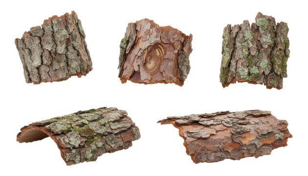 Variety of natural tree bark fragments isolated on white background