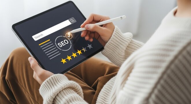 SEO optimization and search engine rating on a tablet device with a stylus and a person using it