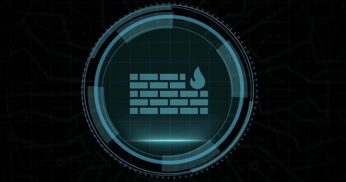 Animation of firewall digital icon and data processing over black background