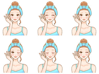 スキンケアするヘアバンドをつけた大人女性の美容イラスト素材セット