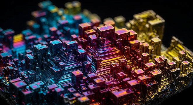 Vibrant crystal formation with iridescent colors on metallic surface