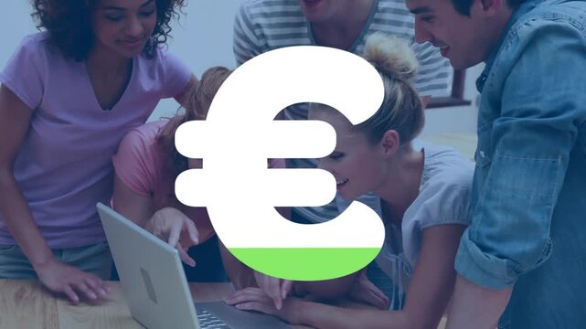 Animation of euro symbol filling up against diverse college students discussing together at office