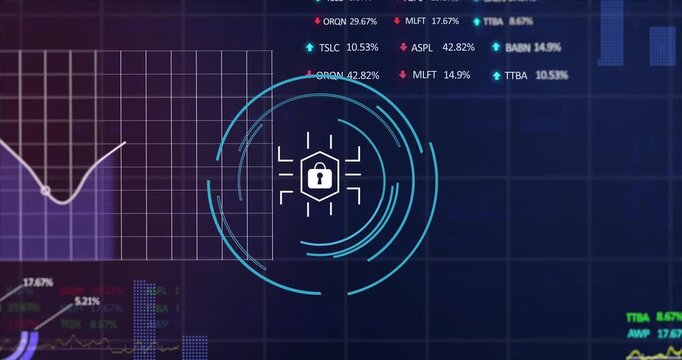 Animation of financial data processing over padlock icon