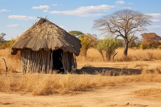 Traditional african hut standing in a dry rural landscape under a clear blue sky