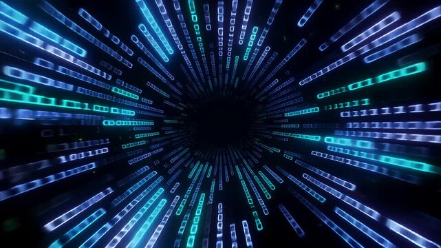 High speed digital data tunnel with glowing neon light trails and binary code for cyber security and cloud computing background