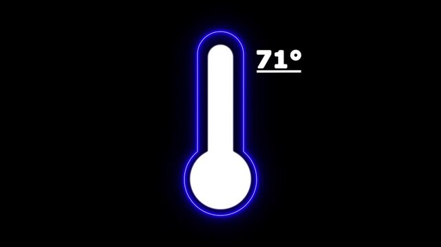 Neon Celsius thermometer displayed temperature 71 degree. Thermometer equipment showing hot or cold weather. 4K Video motion graphic animation.