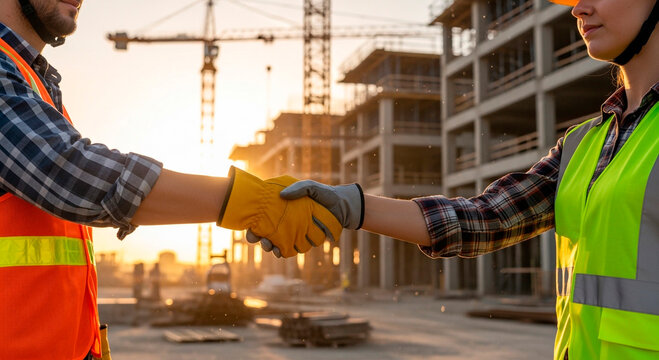 Construction workers shaking hands on building site at sunset