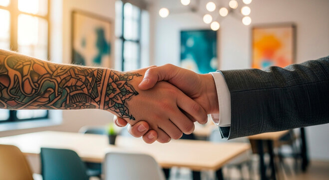 Business partners shaking hands in modern office with colorful artwork