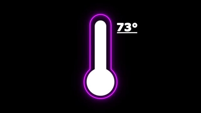Neon Celsius thermometer displayed temperature 73 degree. Thermometer equipment showing hot or cold weather. 4K Video motion graphic animation.